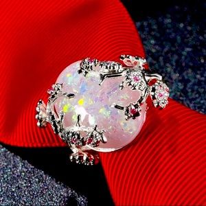 Opalescent Ring Cocktail Statement Silvertone With Tiny Pink Accent Stones SZ 7